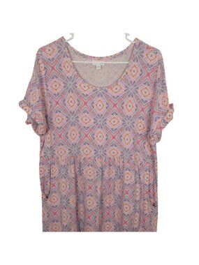 J. Jill Womens Geometric Print Midi Dress L Pockets Short Sleeves Rayon Blend